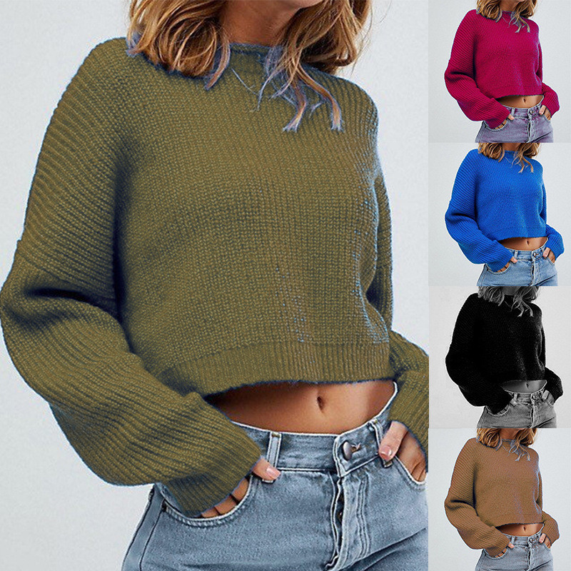 Elegant Fashion Solid Color O Neck Long Sleeve Crop Sweater Top