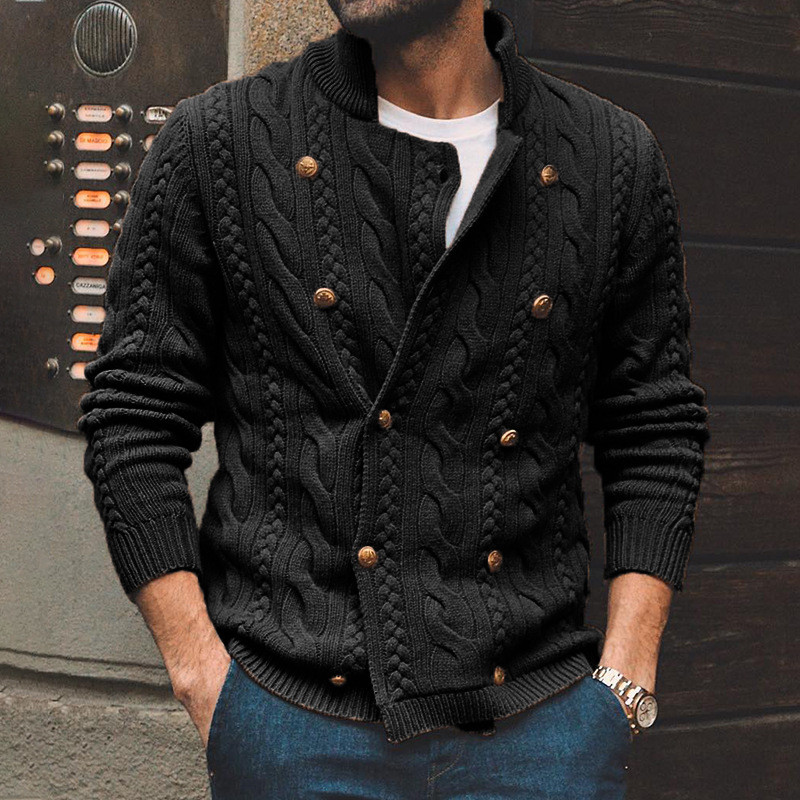 Men's Sweater Lapel Solid Color Double Breasted Warm Knit Loose Cardigan