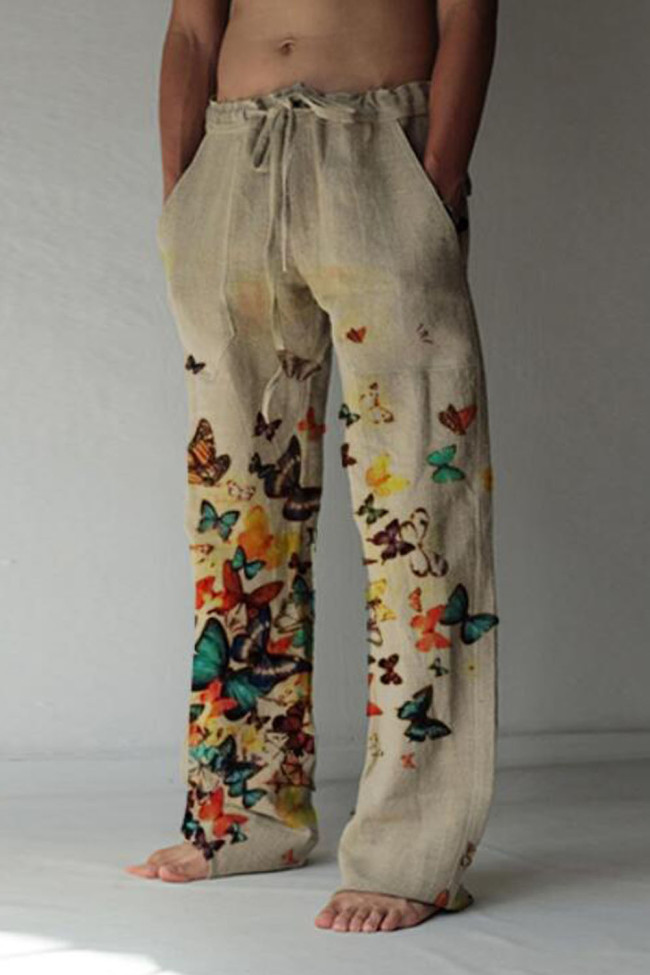 Men's Cotton Linen Casual Butterfly Print Pocket Loose Sweatpants