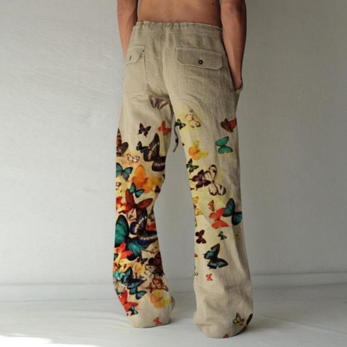 Men's Cotton Linen Casual Butterfly Print Pocket Loose Sweatpants