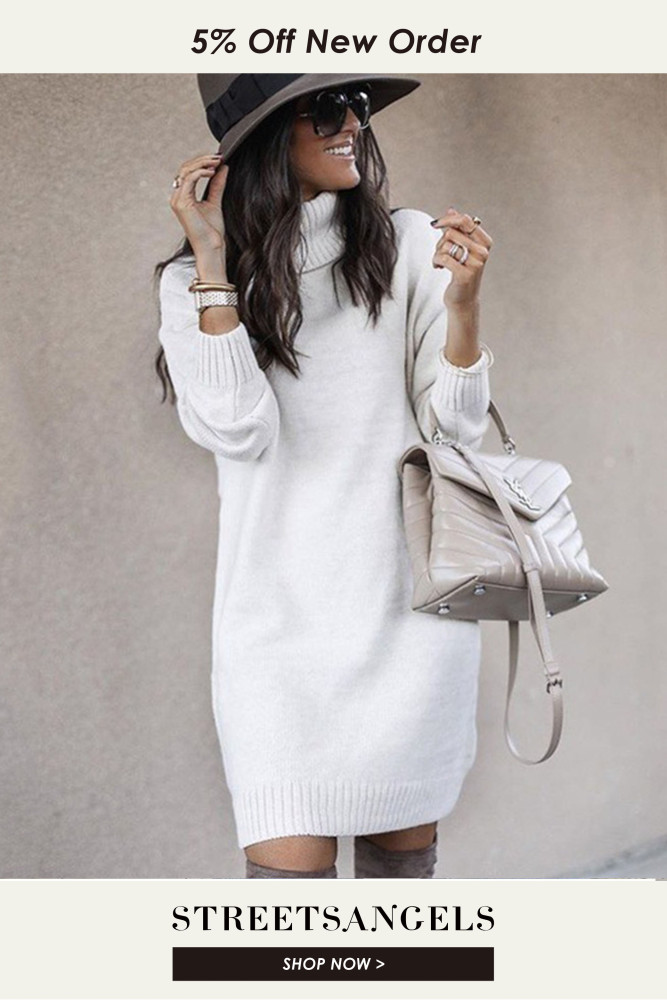 Fashion Warm Long Sleeves Casual Loose Solid Color Turtleneck Sweater Dress