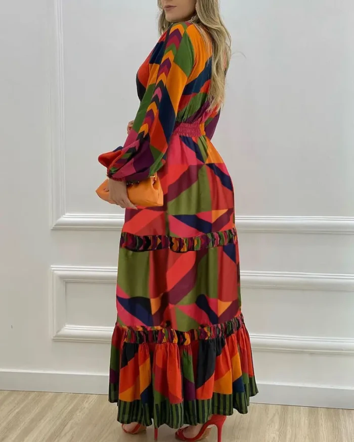Fashionable Boho Print V-Neck Swing Maxi Dress