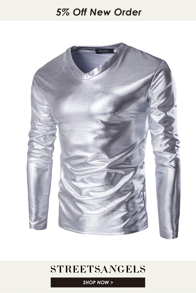 Men's Shiny Casual Slim Fit Solid Color Long Sleeve V Neck T-Shirts