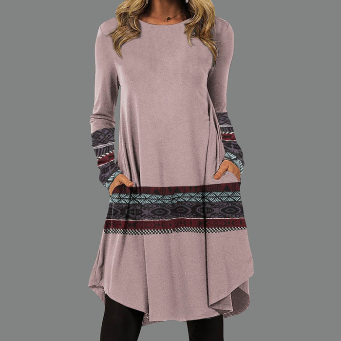 Fashion Ethnic Solid Color Loose Irregular Retro Long Sleeve  Casual Dress