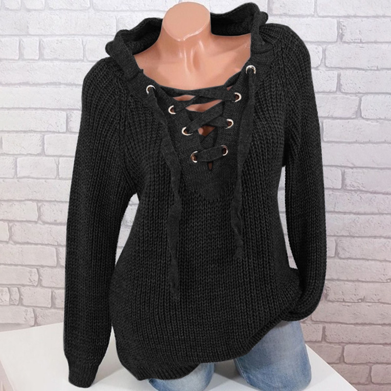 Solid Color Fashion Long Sleeve V-Neck Vintage Lace-Up Sweater