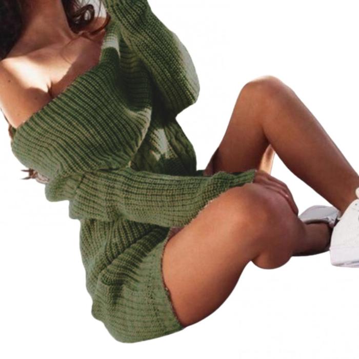 Sexy Solid Color One-Line Neck Off-Shoulder Fashion Mini Knit Sweater Dress
