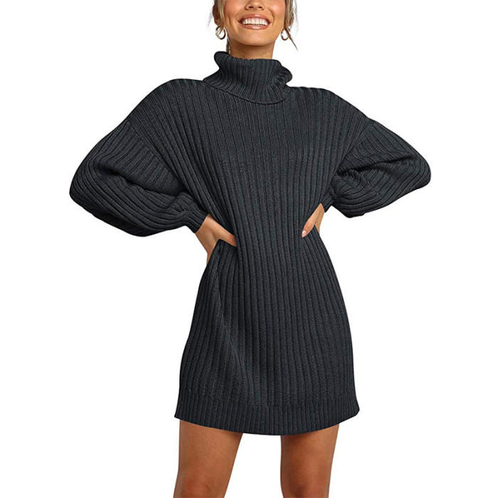 Fashion Loose High Neck Casual Long Sleeve Bottom Knit Sweater Dress