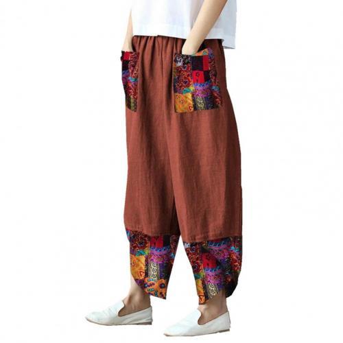 Fashion Ethnic Print Casual Patchwork Pocket Loose Wide Leg Pants