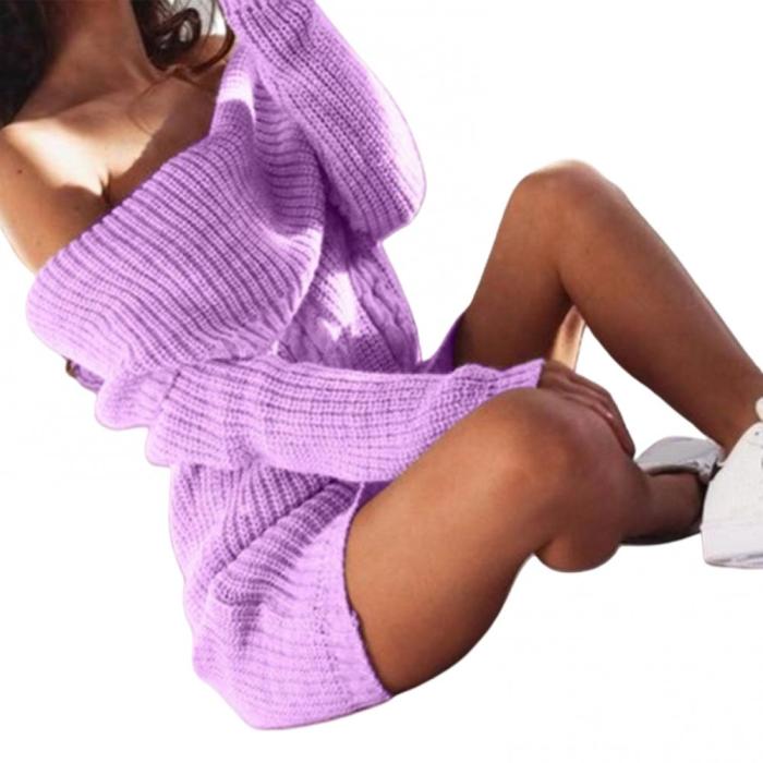 Sexy Solid Color One-Line Neck Off-Shoulder Fashion Mini Knit Sweater Dress