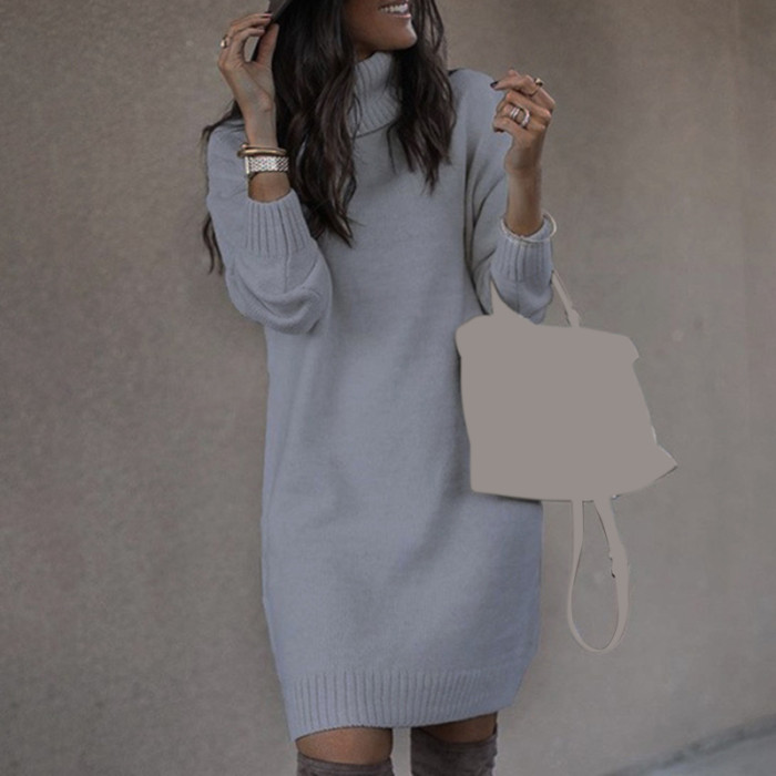 Fashion Warm Long Sleeves Casual Loose Solid Color Turtleneck Sweater Dress