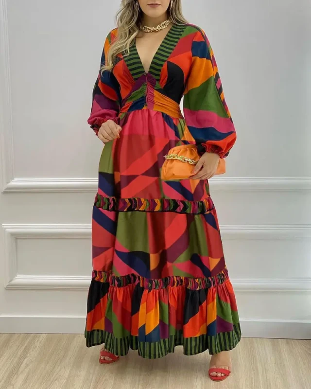 Fashionable Boho Print V-Neck Swing Maxi Dress