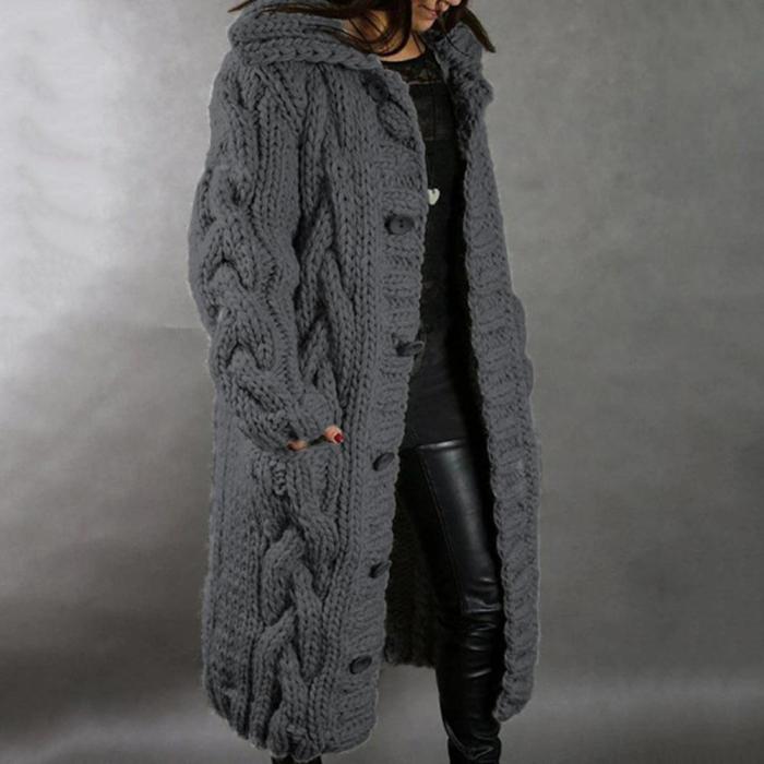 Fashion Solid Color Long Sleeve Twist Knit Warm Mid Length Sweater Cardigan