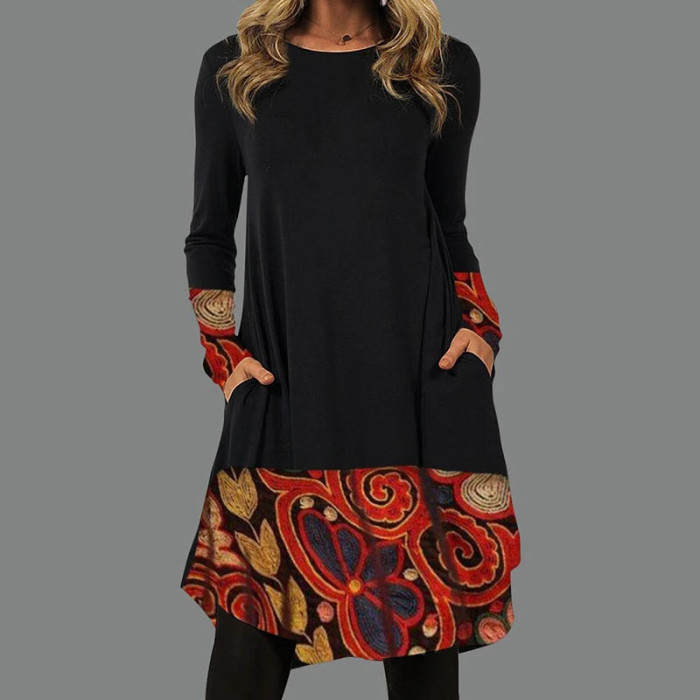 Fashion Ethnic Solid Color Loose Irregular Retro Long Sleeve  Casual Dress