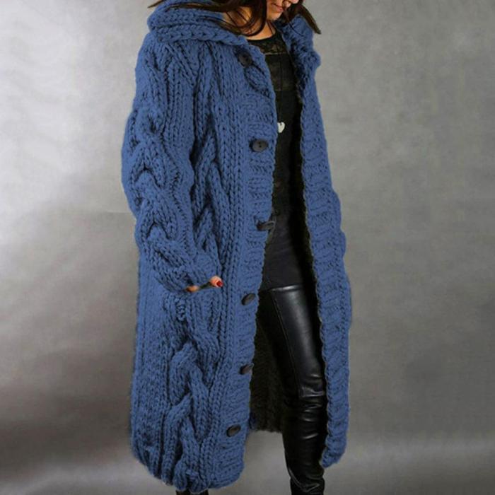 Fashion Solid Color Long Sleeve Twist Knit Warm Mid Length Sweater Cardigan