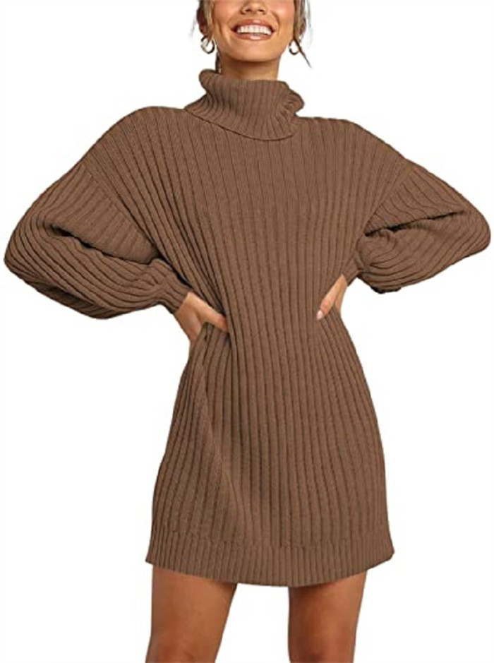 Fashion Loose High Neck Casual Long Sleeve Bottom Knit Sweater Dress