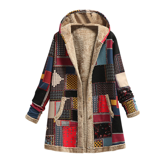 Women's Warm Print Thickened Fleece Hooded Jacket Loose Coats