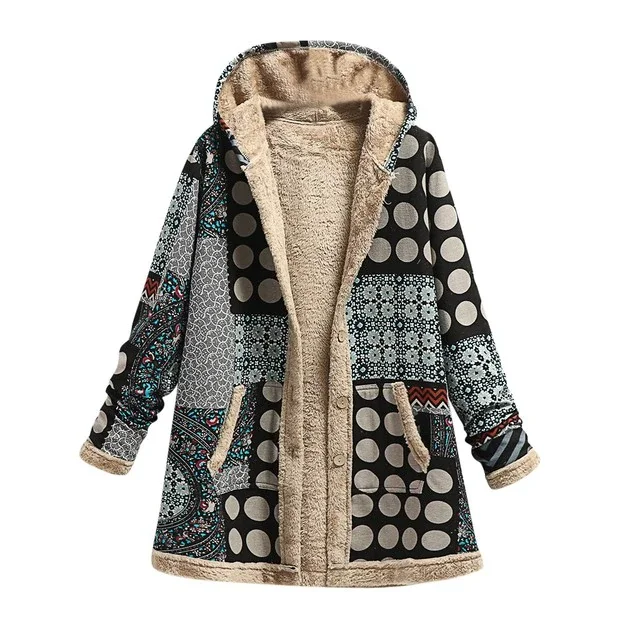 Women's Warm Print Thickened Fleece Hooded Jacket Loose  Coats