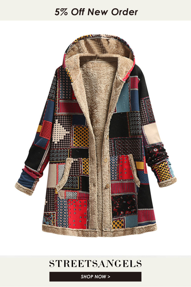 Women's Warm Print Thickened Fleece Hooded Jacket Loose  Coats