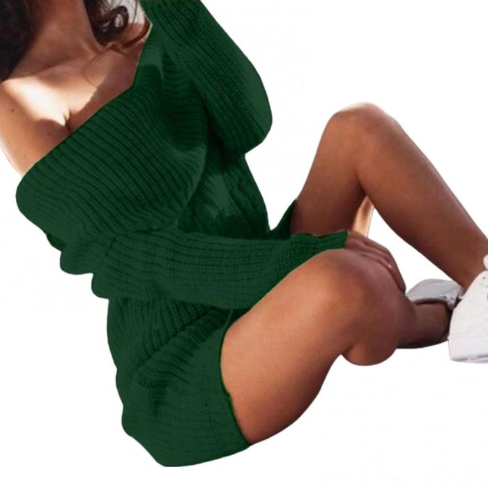 Sexy Solid Color One-Line Neck Off-Shoulder Fashion Mini Knit Sweater Dress