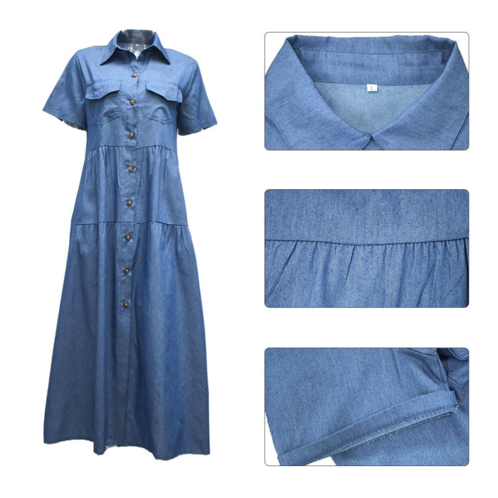 Fashion Solid Color Temperament Denim Pleated Short Sleeve Shirt  Maxi Dress