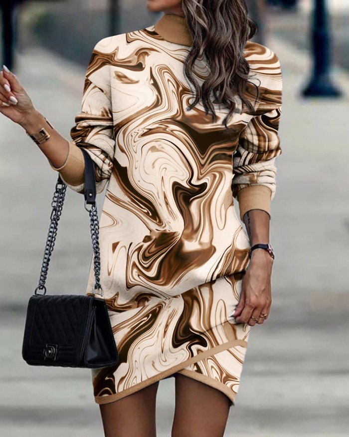 Elegant Fashion Long Sleeve Turtleneck Print Irregular Casual Dress