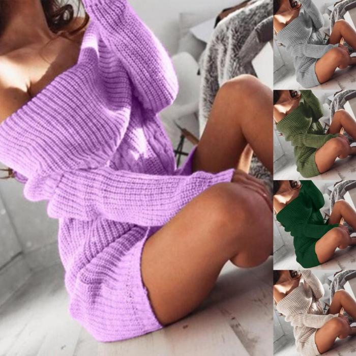 Sexy Solid Color One-Line Neck Off-Shoulder Fashion Mini Knit Sweater Dress