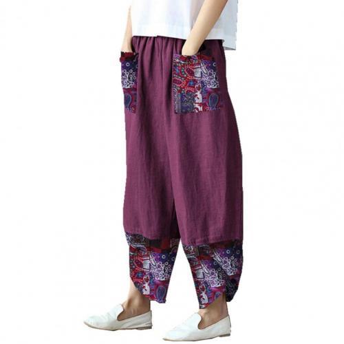 Fashion Ethnic Print Casual Patchwork Pocket Loose Wide Leg Pants