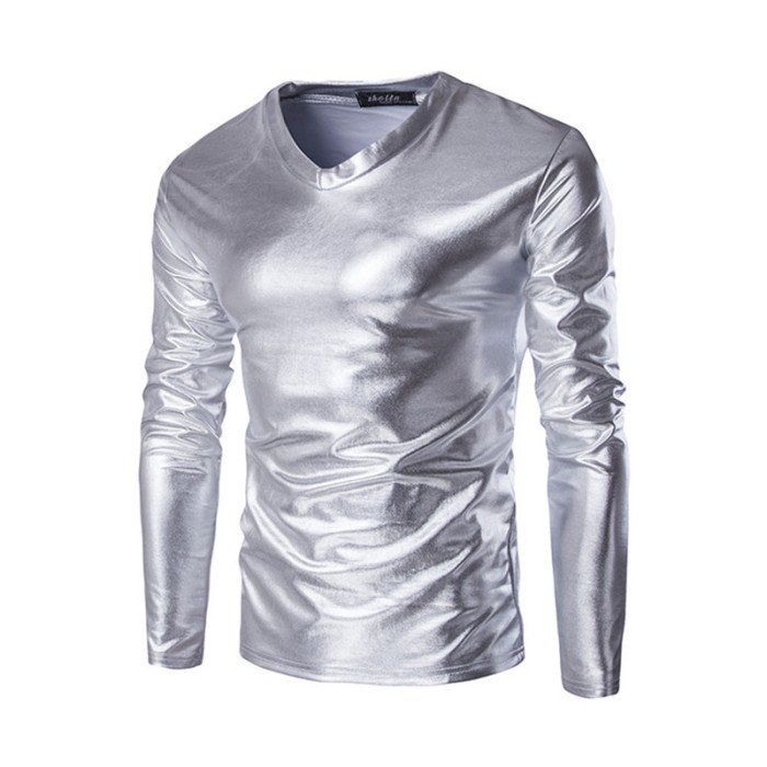 Men's Shiny Casual Slim Fit Solid Color Long Sleeve V Neck T-Shirts