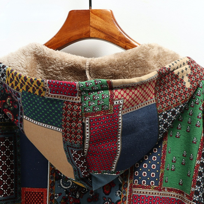 Women's Warm Print Thickened Fleece Hooded Jacket Loose  Coats