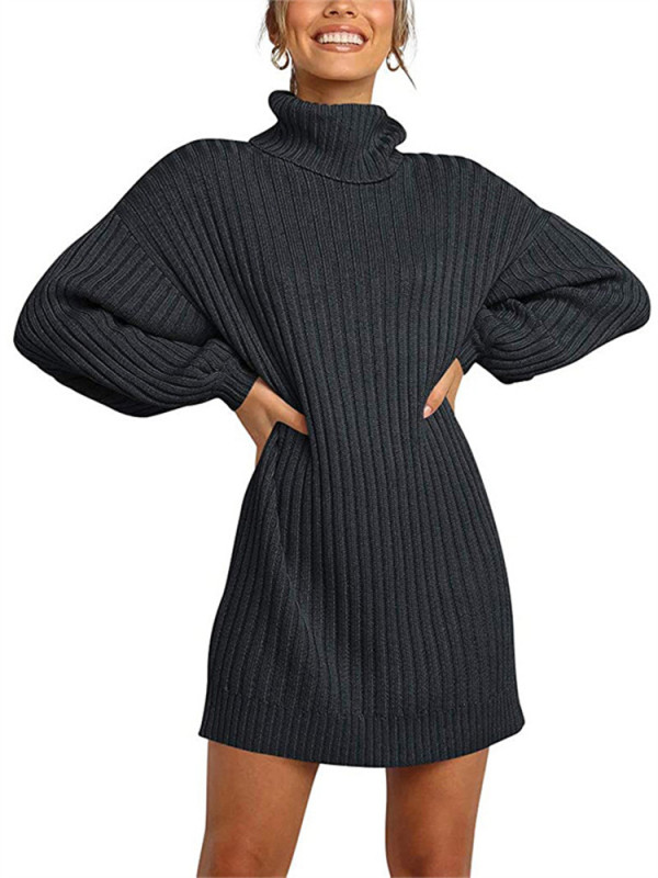 Fashion Loose High Neck Casual Long Sleeve Bottom Knit Sweater Dress