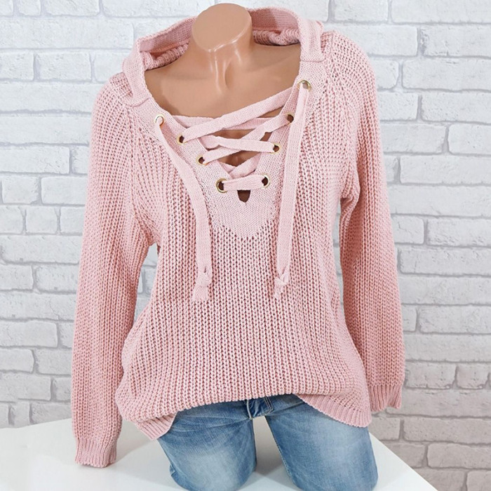 Solid Color Fashion Long Sleeve V-Neck Vintage Lace-Up Sweater