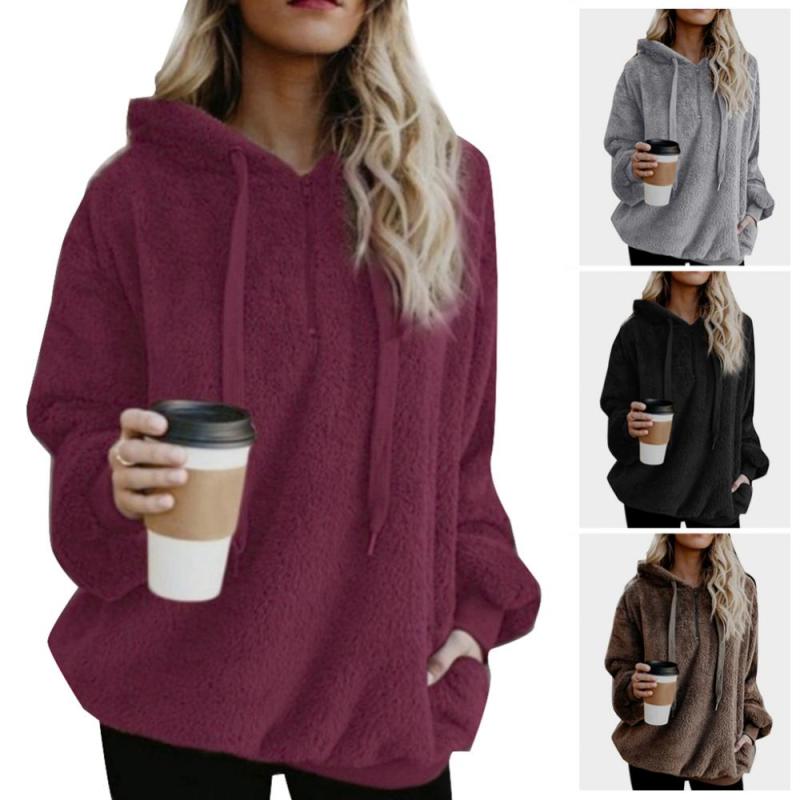 Fashion Long Sleeve Plush Warm Sports Solid Color Crew Neck Hooded Sweater