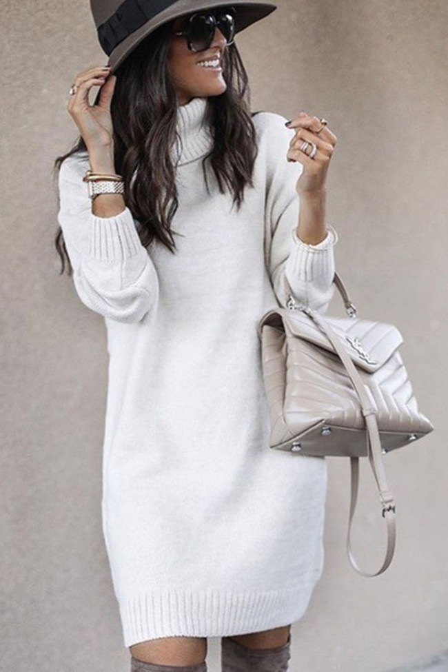 Fashion Warm Long Sleeves Casual Loose Solid Color Turtleneck Sweater Dress