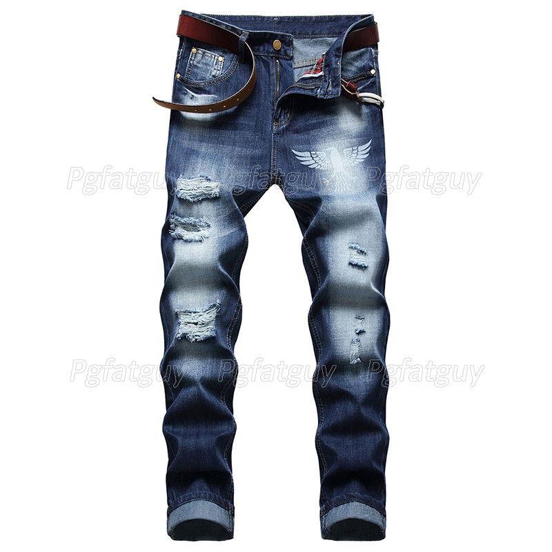 Men's Fashion Ripped Skinny Biker Print Straight Jeans