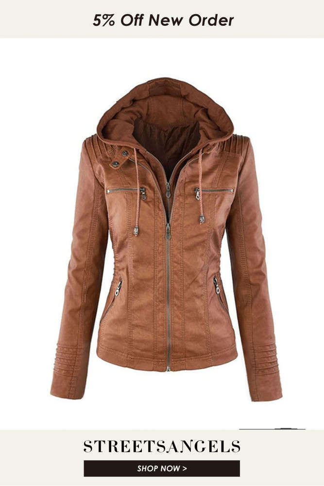 Ladies Fashion Motorcycle Solid Color Faux Leather PU Jacket