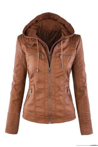 Ladies Fashion Motorcycle Solid Color Faux Leather PU Jacket