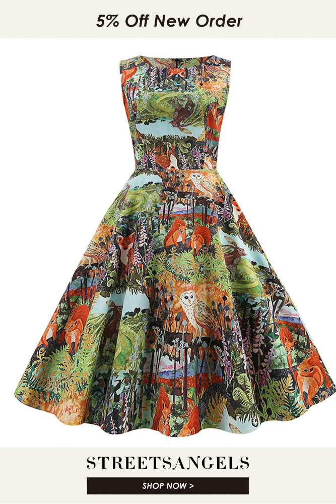Fashion Printed Pin Sleeveless o Neck High Waist A Line Party Vintage Dress