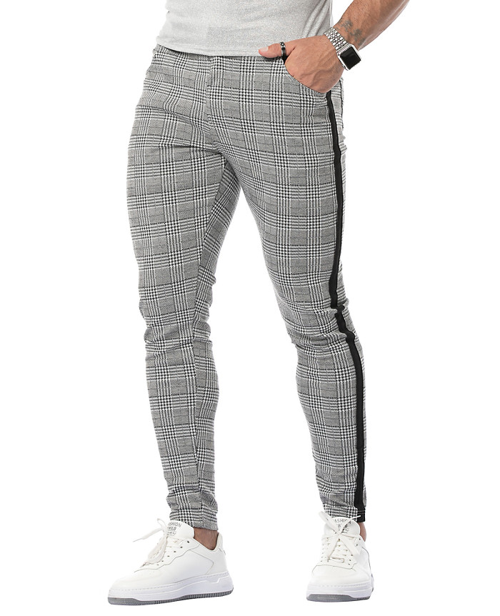 Men's Casual Cotton Business Slim Twill Street Stripe Plaid Pants