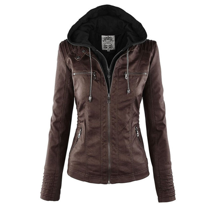 Ladies Fashion Motorcycle Solid Color Faux Leather PU Jacket