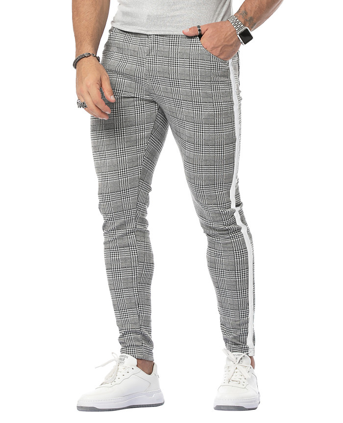Men's Casual Cotton Business Slim Twill Street Stripe Plaid Pants