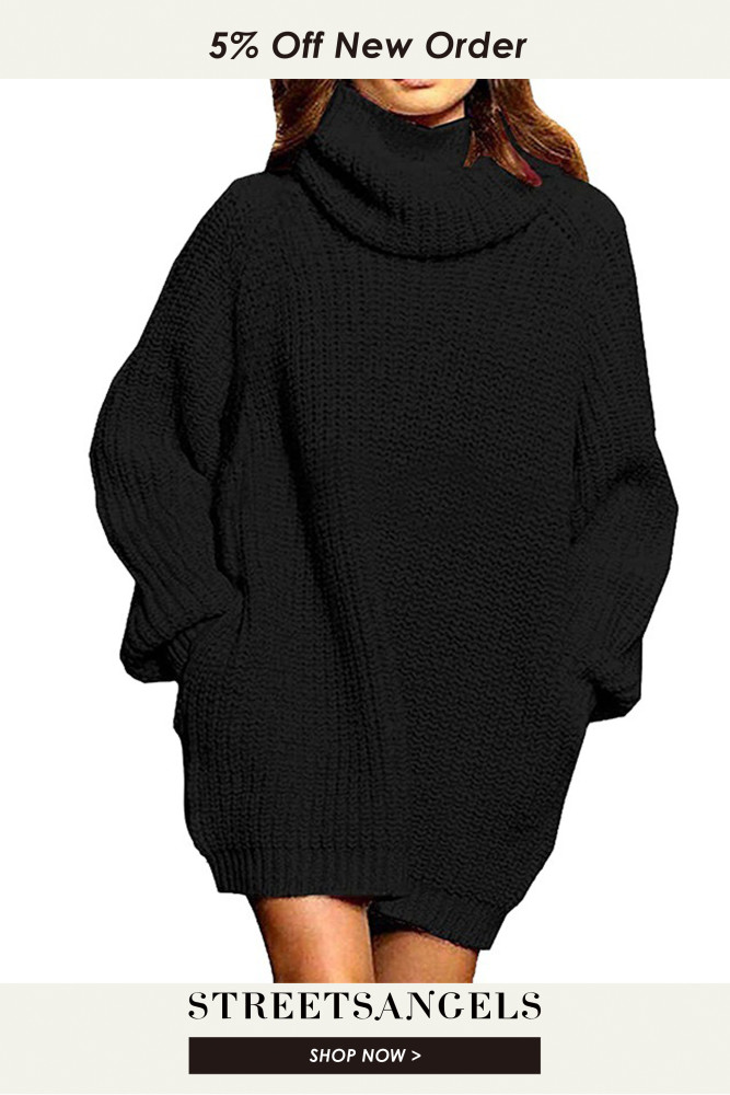 Fashion Long Sleeve Turtleneck Solid Color Loose Double Pocket Sweater Dress