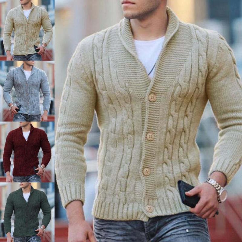 Men's Fashion Solid Twist Texture Cardigan Lapel V-Neck Sweater Cardigan Outerwear