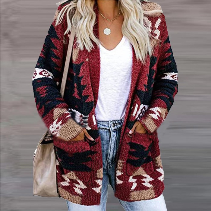 Fashion Print Warm Casual Long Sleeve Pocket Cardigan