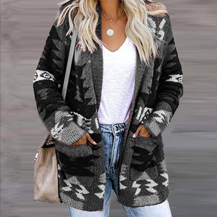 Fashion Print Warm Casual Long Sleeve Pocket Cardigan