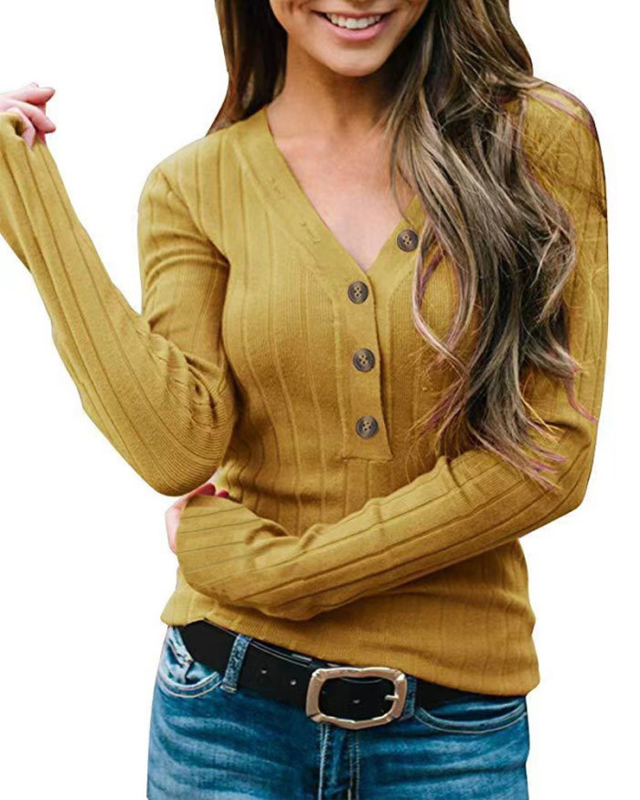 Fashion V-Neck Button Solid Color Long Sleeve Slim Fit Casual Sexy Knit T-Shirt Top