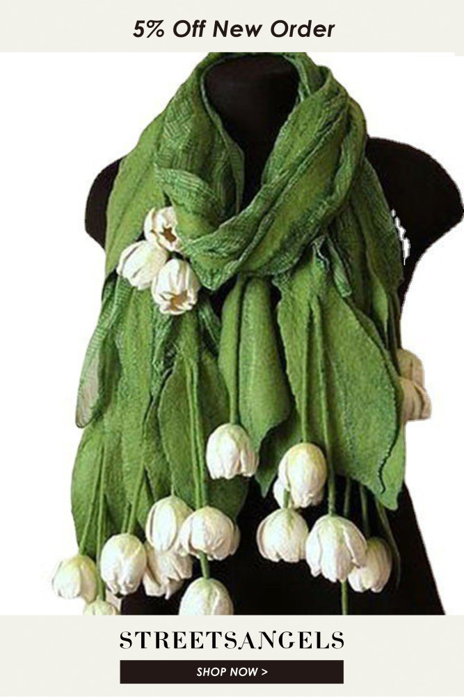 Fashion Pastoral Style White Tulip Flowers Warm Solid Color Scarf