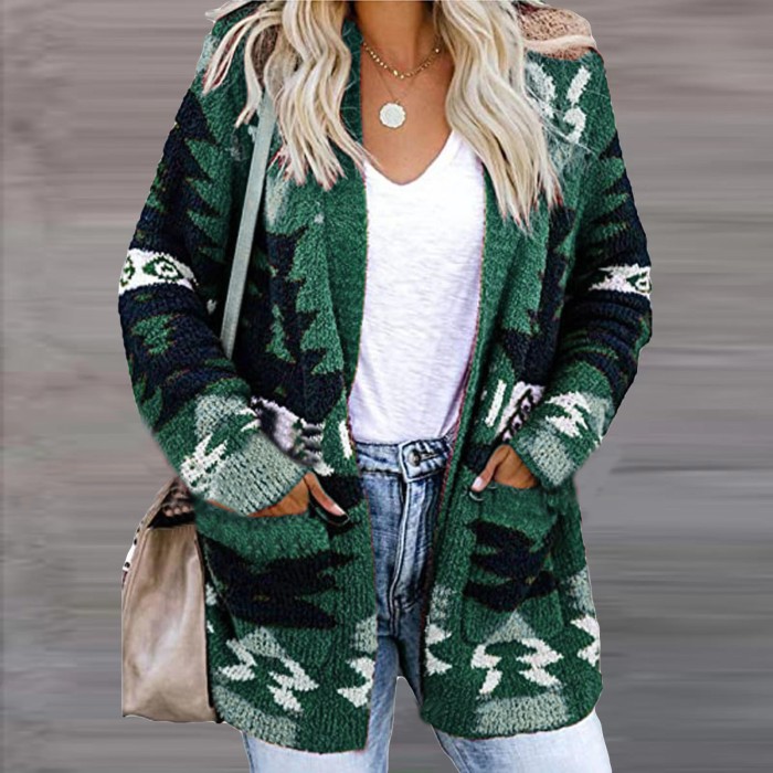 Fashion Print Warm Casual Long Sleeve Pocket Cardigan