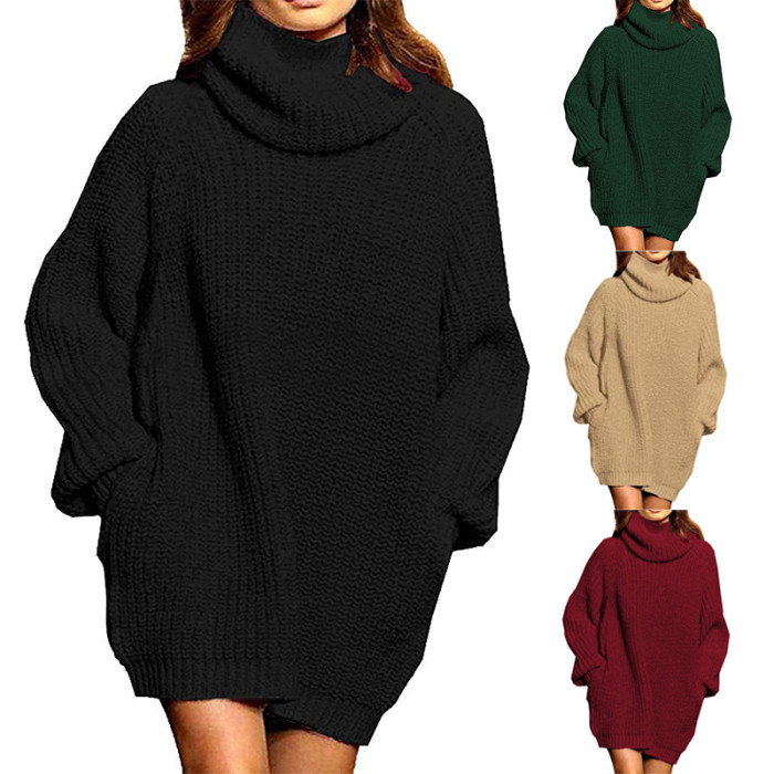 Fashion Long Sleeve Turtleneck Solid Color Loose Double Pocket Sweater Dress