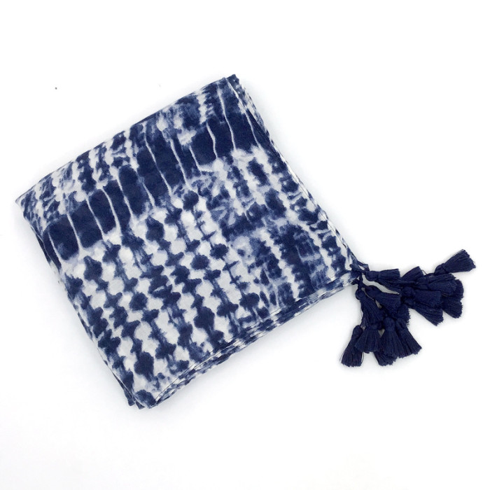 Fashion Street Irregular Tie Dye Print Hand Fringed Cotton Linen Shawl Scarf