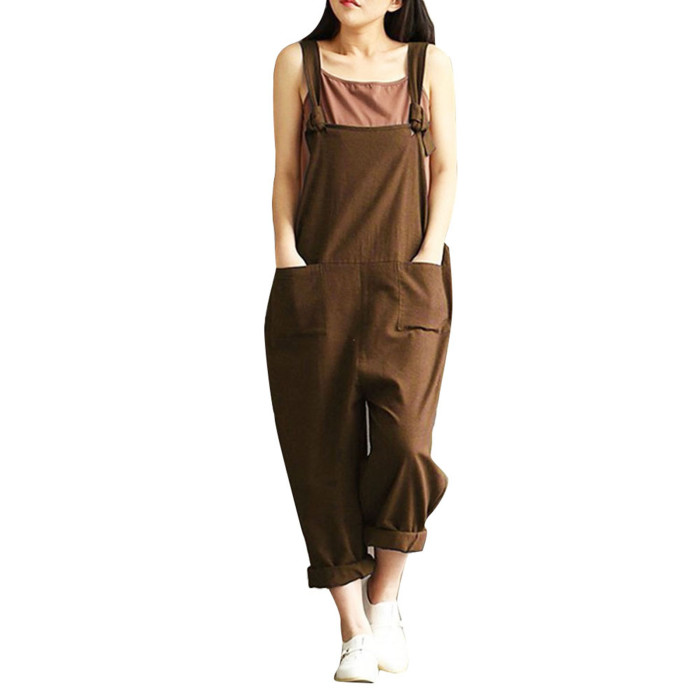 Solid Color Lace Up Cotton Linen Retro Fashion Casual Loose Jumpsuit